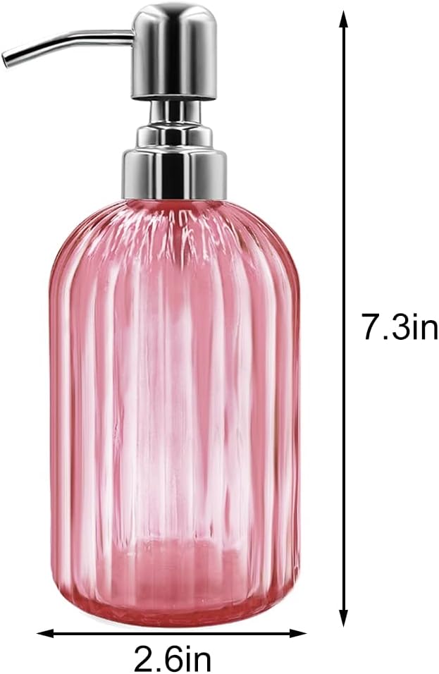 Soap Dispenser - 2 Pack 14 Oz Glass Soap Dispenser with Rust Proof Stainless Steel Pump, Refillable Liquid Bottle Dispenser, Premium Hand Jar Dispenser for Bathroom, Kitchen, Countertop (Pink)