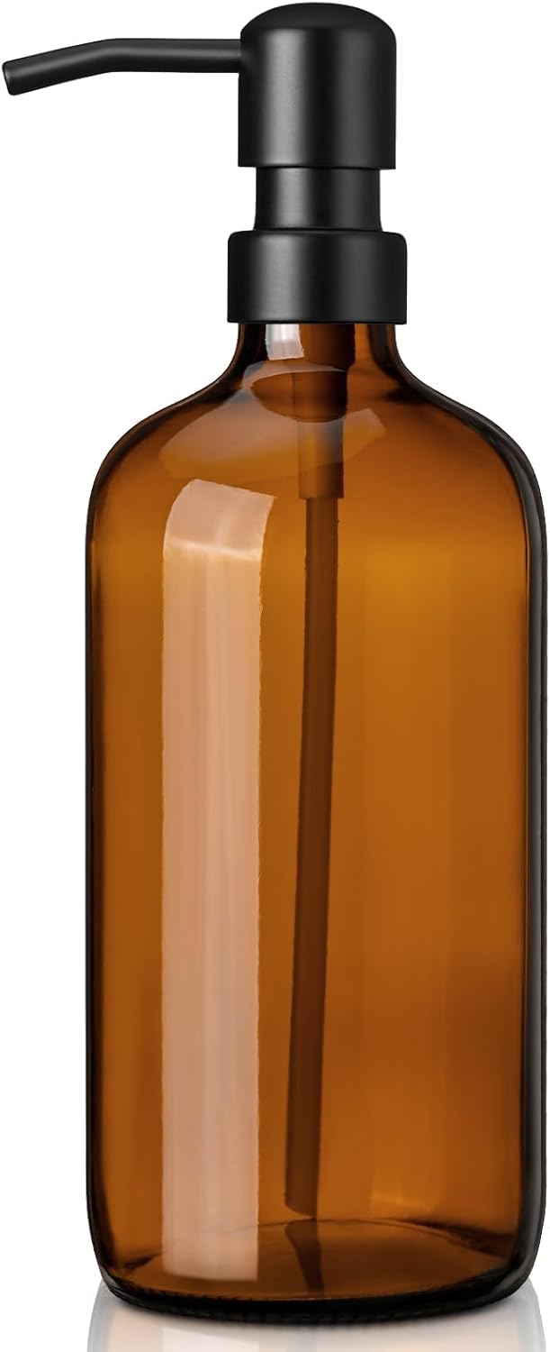 Amber Glass Soap Dispenser with 304 Stainless Steel Pump 17 oz for Kitchen Dish Soap and Bathroom Hand Soap Bottle