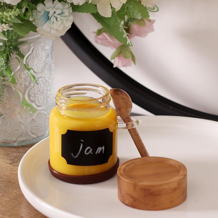 SAIOOL High Bprosilicate Glass 4 Pack Spice Jars with Label and Spoons,Overnight Oats Containers with Acacia Airtight Lids,Glass Food Storage Jars, Coffee Bar (Acacia 5.9 OZ*4)