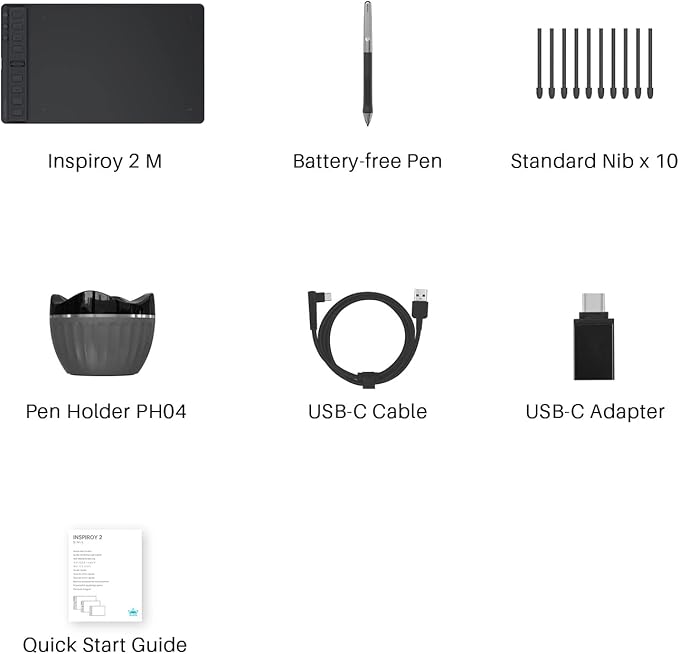 HUION Inspiroy 2 Medium Drawing Tablet with Scroll Wheel 8 Customized Keys Battery-Free Stylus 60° Tilt Support for Digital Art, Design, Sketch, 9x5inch Graphics Tablet, Black