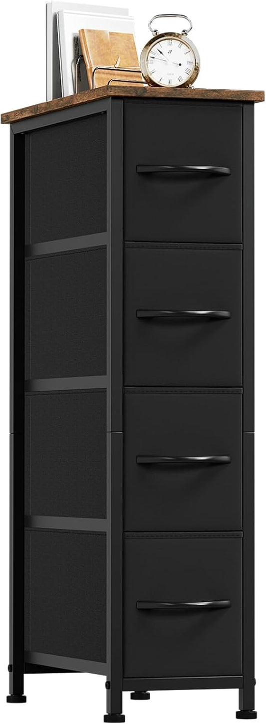 Somdot Narrow Dresser with 4 Drawers, Slim Storage Chest of Drawers with Removable Fabric Drawers for Closet Small Spaces Bathroom Bedroom Laundry, Black Rustic Brown Top