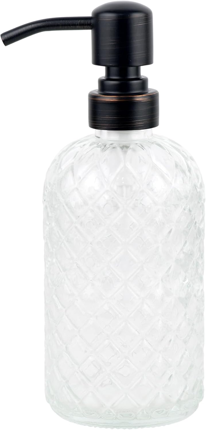 16 oz Glass Soap Dispenser with Stainless Steel Vintage Brushed Bronze Pump Head, Refillable Gemstone Pattern Soap Dispenser for Hand Soap, Dish Soap, and Lotion (Clear)