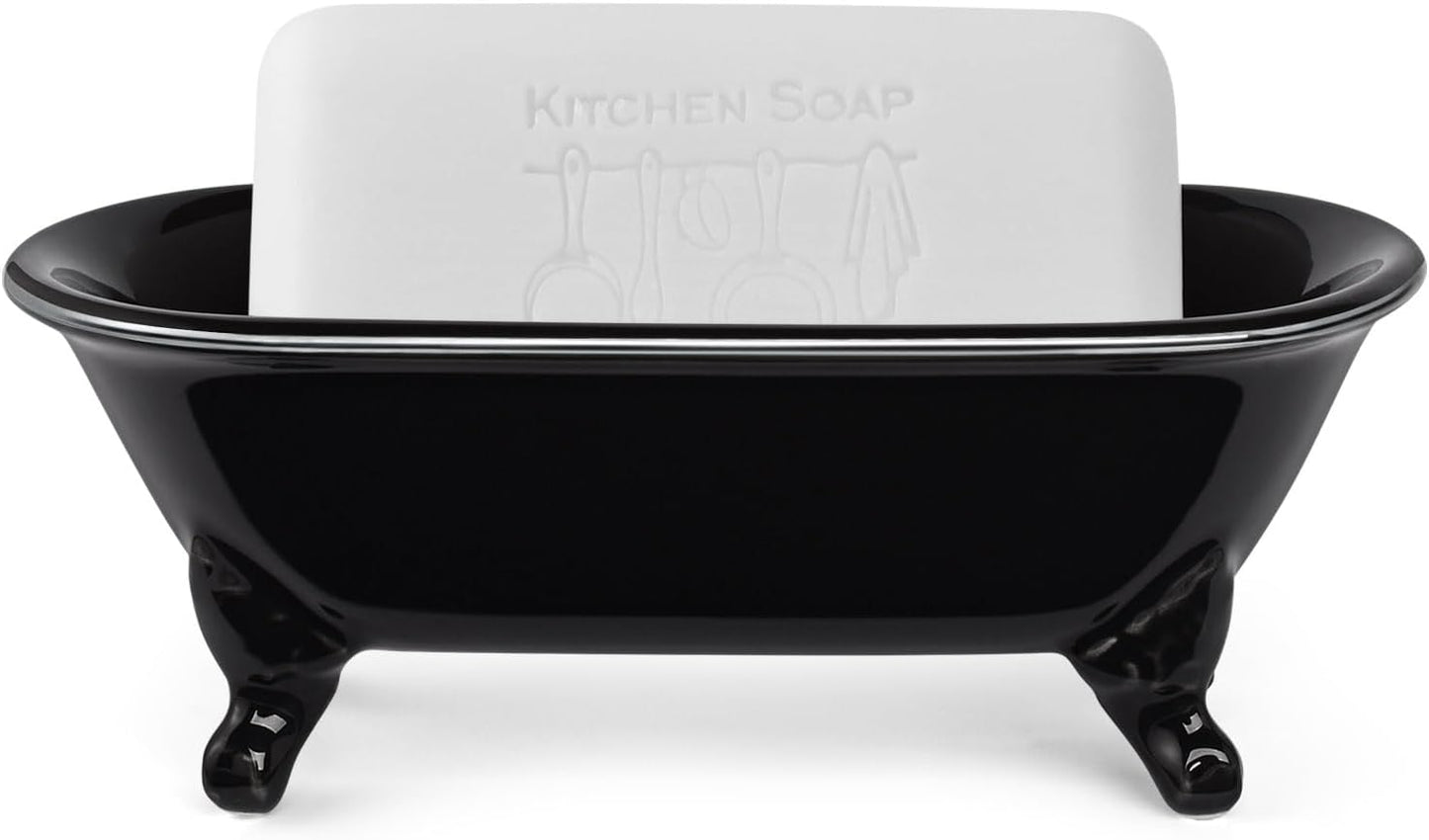 6.5" Ceramic Mini Decorative Clawfoot Bathtub Bar Soap Dish, Kitchen Sponge Holder and Shower Tray for Bathroom, 1 Pack (Black Silver Rim)
