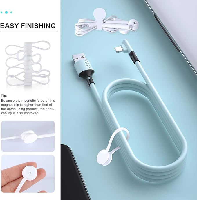 Kanemc 7.9'' Silicone Cord Tie Included Tags, Magnetic Long Cable Ties Reusable Straps Twist Ties Elastic Magnetic Ties For Wrapping Cables Bundles (10Pcs-White)