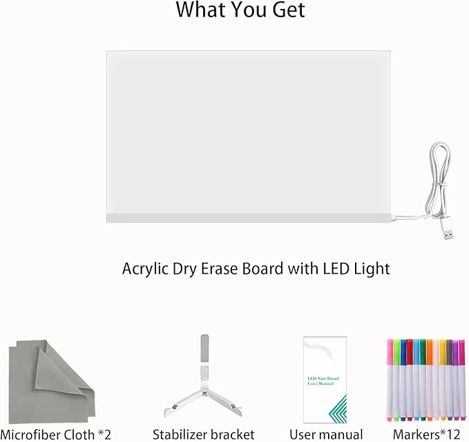 LED Note Board with Colors 12-Color Illuminated Acrylic Drawing Board - Dry-Erase Night Light with Stand for Home/Office/Gift/Festival (12" W x 7.9" H)