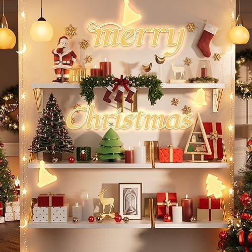 BAYKA Wall Shelves for Bedroom Decor, Floating Wall Shelf for Living Room Kitchen Storage, Mounted Rustic Wood Shelves for Kids Books, Corner Shelf for Bathroom(White and Gold，Set of 4)