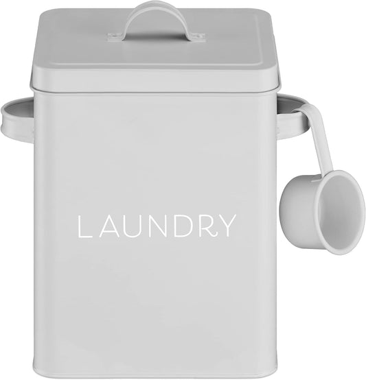 Navaris Laundry Detergent Container with Scoop - Powder Laundry Soap Tin - Vintage Style Metal Organizer Canister Box with Lid and Handles - Gray