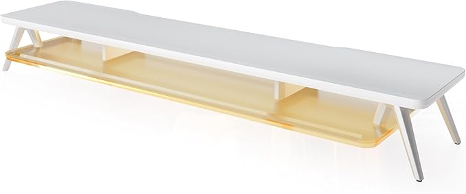 Fenge Dual Monitor Stand, 2 Tiers Acrylic Monitor Riser with LED Lights, 42.5 Inch Wood and Aluminum Desk Shelf with Phone and Tablet Holder