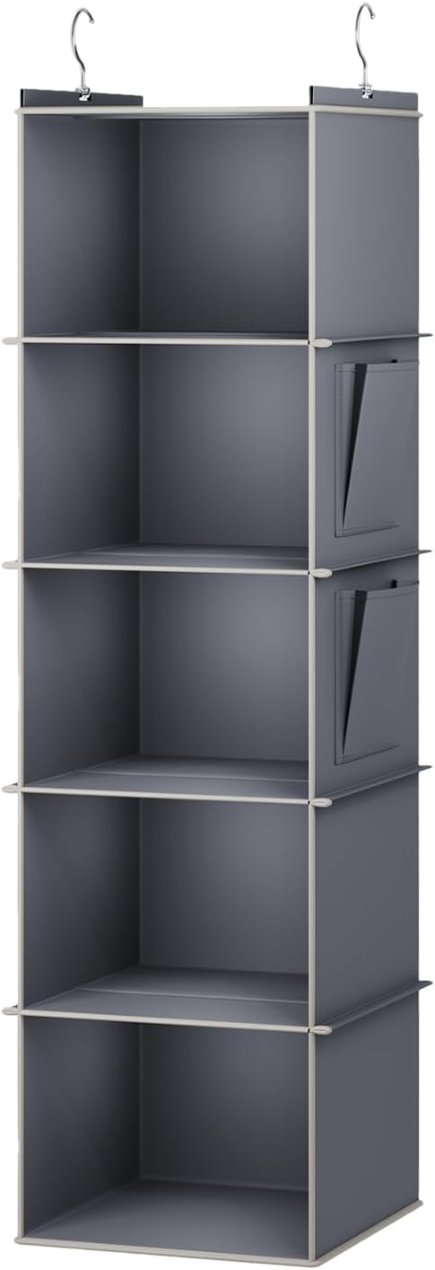 YOUDENOVA Hanging Closet Organizer, 5-Shelf Closet Hanging Storage Shelves, Grey
