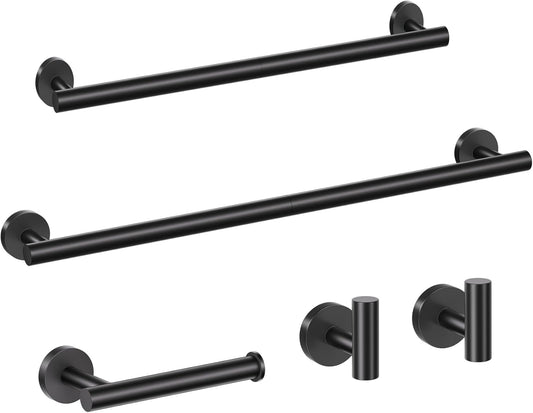 5 Pieces Matte Black Bathroom Hardware Set, 23.6-inch+15.35-inch Bathroom Towel bar SUS304 Stainless Steel Bathroom Towel Bar Set