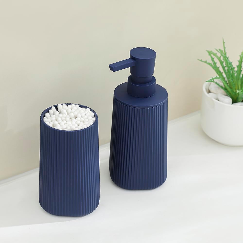 Bathroom Accessories 2 Piece Soap Dispenser and Toothbrush Holder Set Striped Navy Blue