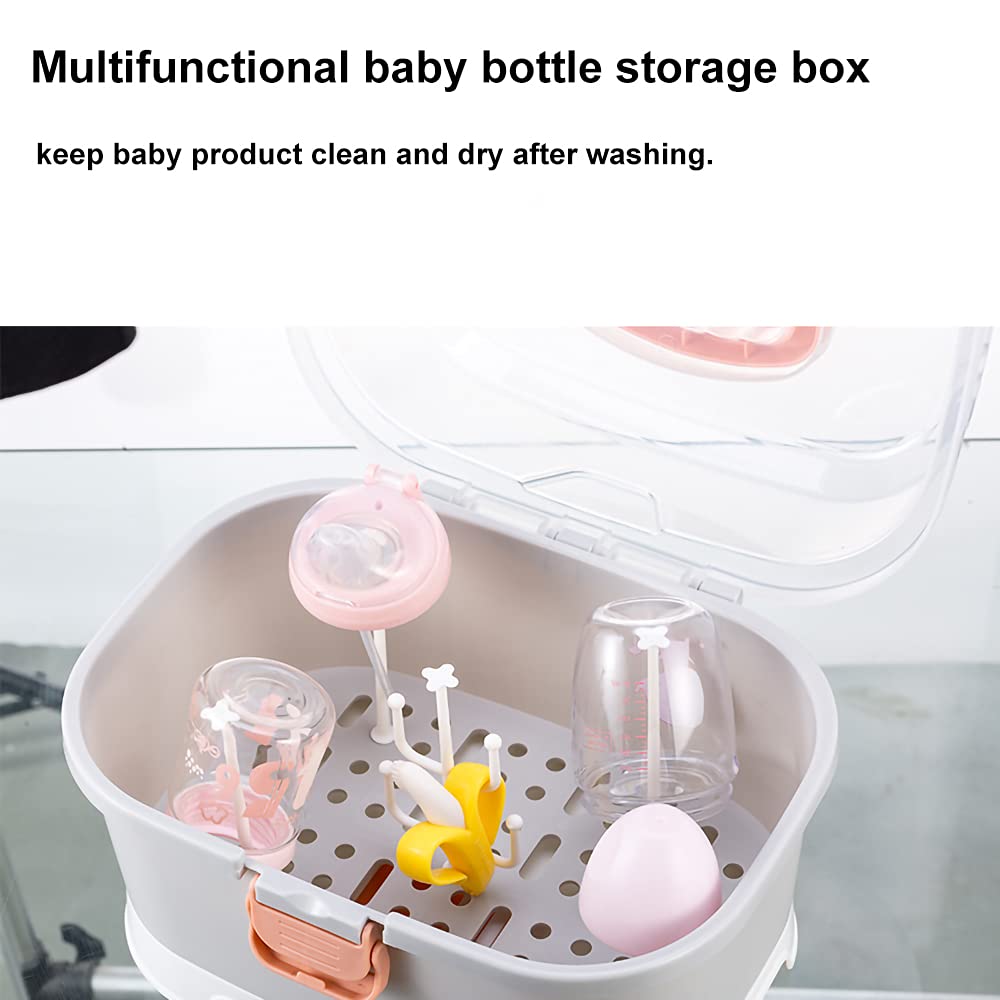 Zdolmy Baby Bottle Drying Rack Storage, Large Nursing Bottle Storage Box Organizer with Cover, Portable Kitchen Cabinet Organizer, Easy to Clean Drainer, Grey