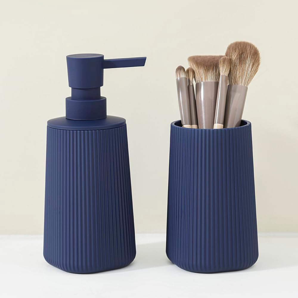 Bathroom Accessories 2 Piece Soap Dispenser and Toothbrush Holder Set Striped Navy Blue