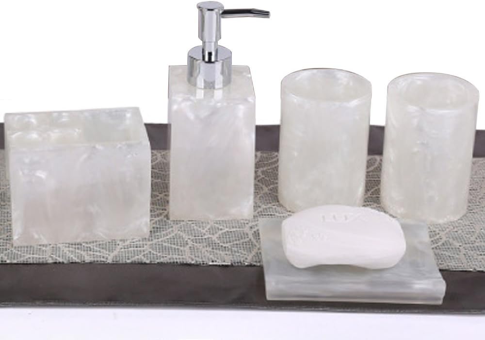 Resin Soap Dish, Soap Dispenser, Toothbrush Holder & Tumbler Bathroom Accessory 5 Piece Set (White)