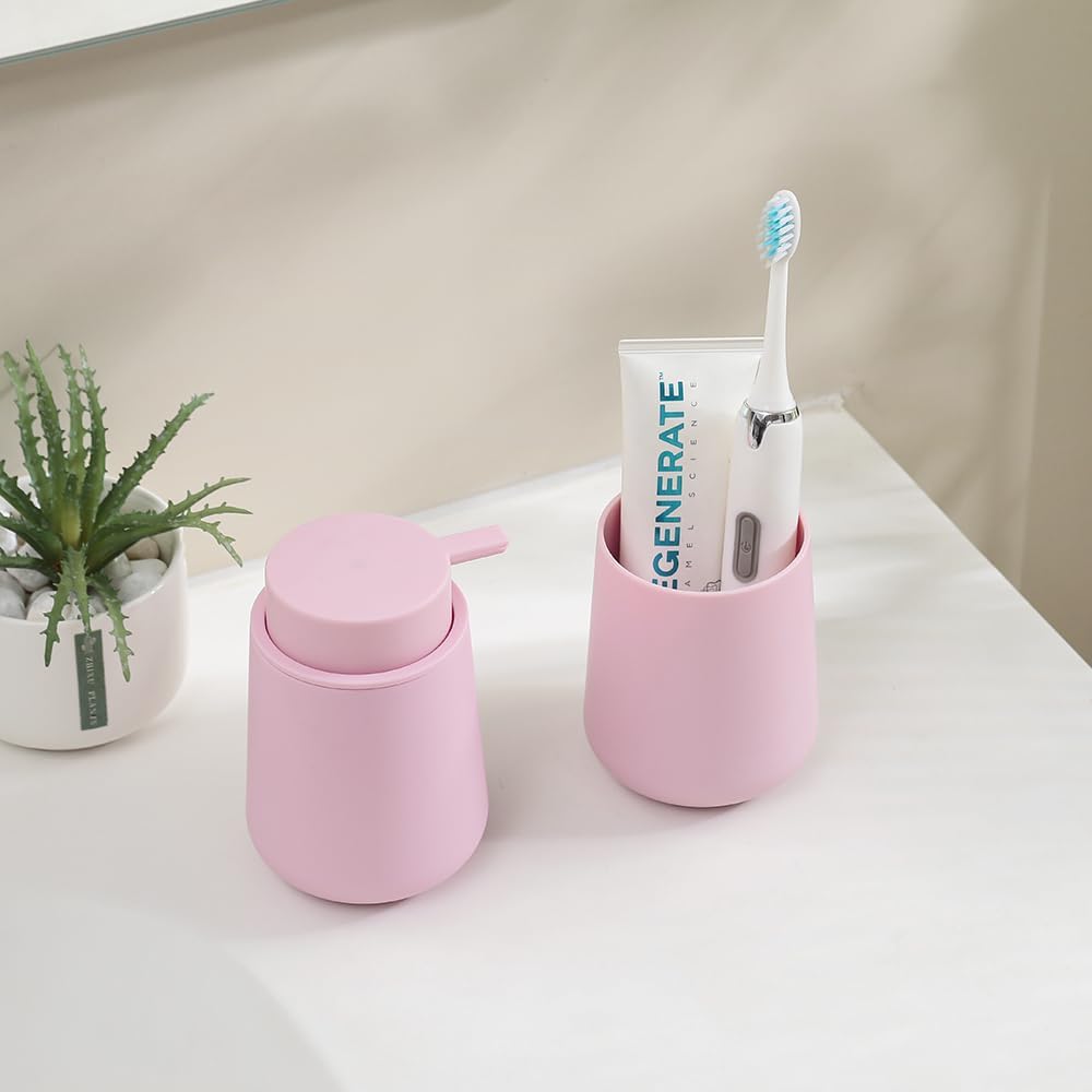 Matte Pink Bathroom Accessories 2 Piece Set Plastic Soap Dispenser and Toothbrush Holder for Modern Bathroom Decor