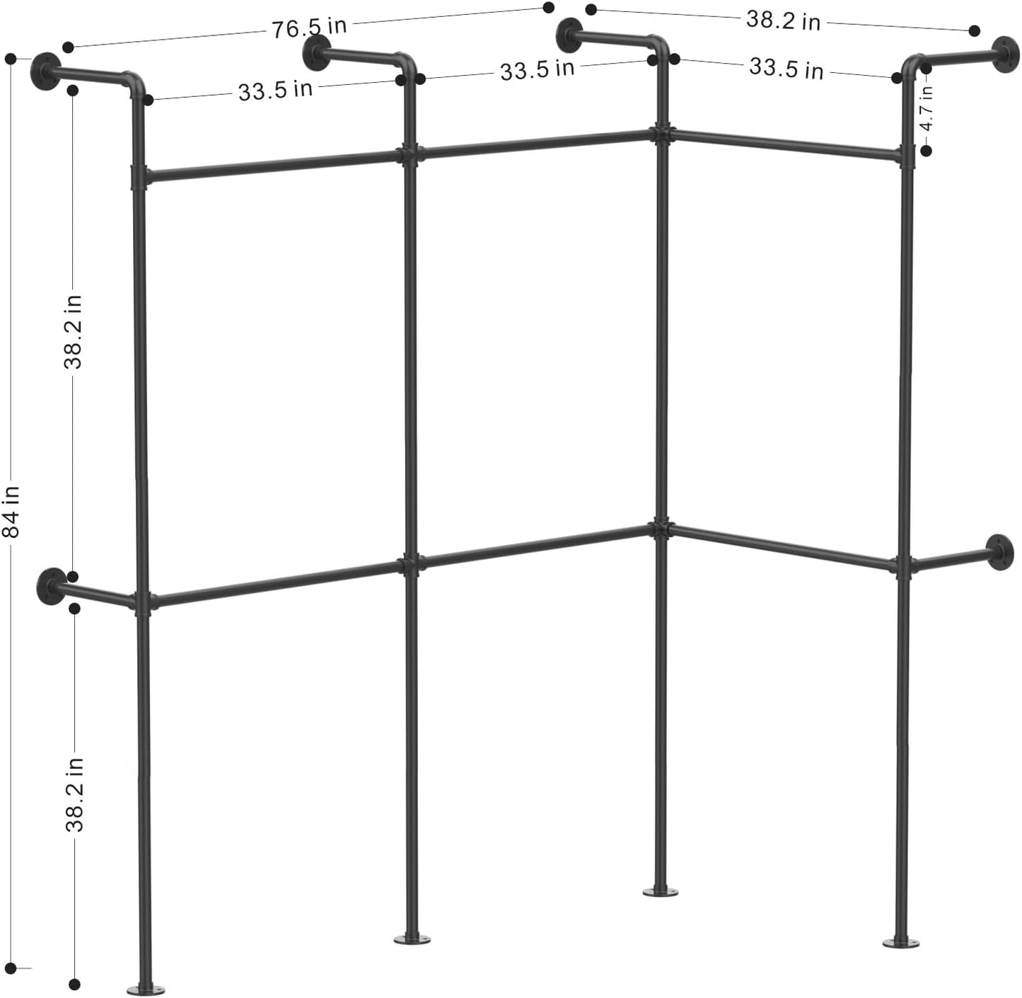 Industrial Pipe Black Clothing Racks Wall Mounted, Rustic Industrial Pipe Clothes Rack Design - Stylish & Heavy Duty Corner Garment Racks, Perfect for Home or Retail Display