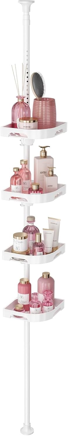 Tension Pole Shower Caddy Organizer with 4 Tier L-Shaped Rust Resistant Bathroom Corner Shelves with 34-124 Inch Adjustable No Drilling Quick Install Shower Rack for Bath Essentials (White)