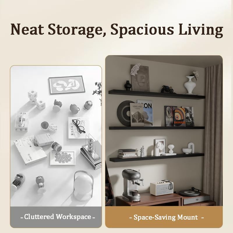 Floating Shelves for Wall, 48 Inch Extra Long Black Wall Shelves, Set of 3, Hanging Invisible Brackets Floating Shelves for Living Room,Bedroom,and Kitchen