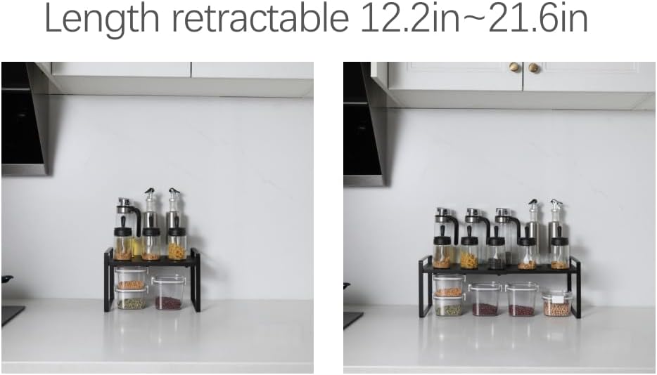 Expandable Cabinet Shelf Organizer Riser for Kitchen Pantry Cupboard Under Sink Countertop (black, 8.2’’D * 12.2-21.6’’W * 7.7’’H)