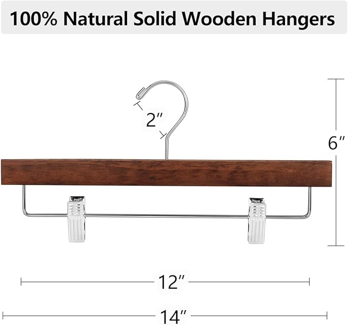 AMKUFO 20pcs Wooden Pants Hangers Solid Pants Hangers with Adjustable Clips 14 Inch Walnut Wood Skirt Hangers Trousers Bottom Hanger with Non-Slip Clips and 360° Swivel Hook