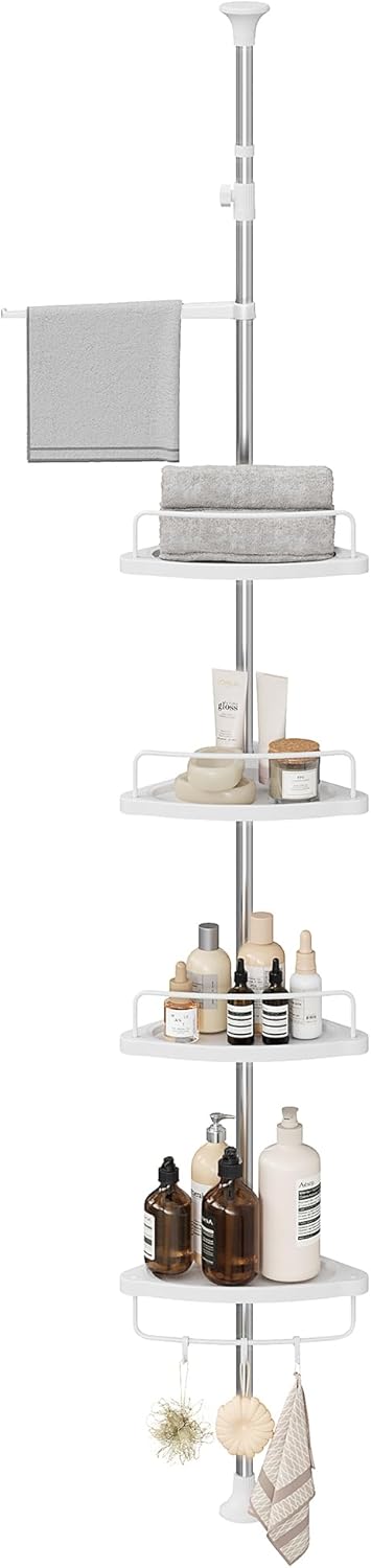 SONGMICS Corner Shower Caddy Tension Pole, 4-Tier Rust-Resistant Shower Organizer, Shower Shelf, Drill-Free, 35.8 to 118.1 Inches, Height Adjustable Trays, for Bathroom, Cloud White UBCB008W01