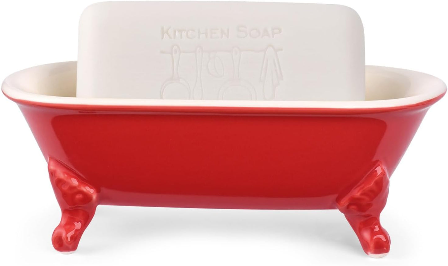 6.5" Ceramic Mini Decorative Clawfoot Bathtub Bar Soap Dish, Kitchen Sponge Holder and Shower Tray for Bathroom, 1 Pack(Chili)