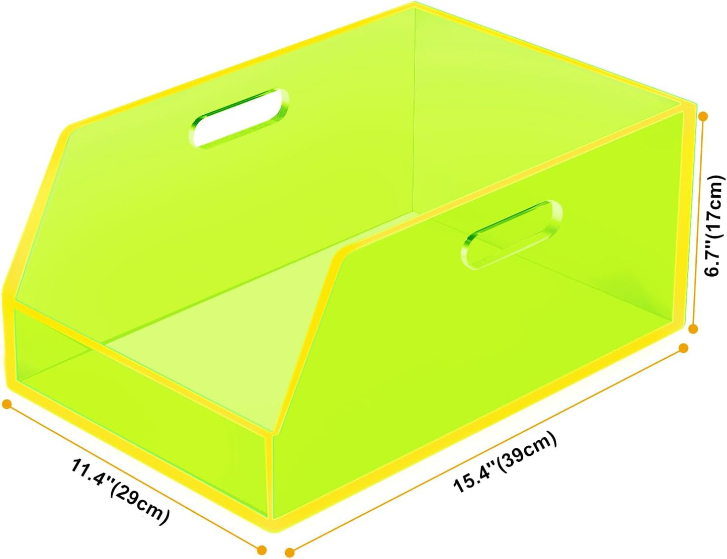 Stackable Large Storage Bin Organizer with Handles Acrylic Storage Container for Toy Pantry Kitchen Cabinet Bathroom Closet Office Organization, 15.4x11.4x6.7'', Neon Green