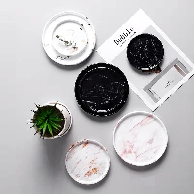 Elegant Marbled Round Jewelry Dish Key Holder, Black Ceramic Vanity Tray Bathroom Organizer for Soap Perfume Candle Small Plant, Mini Dresser Organizer Home Decor(Black, 4.7")