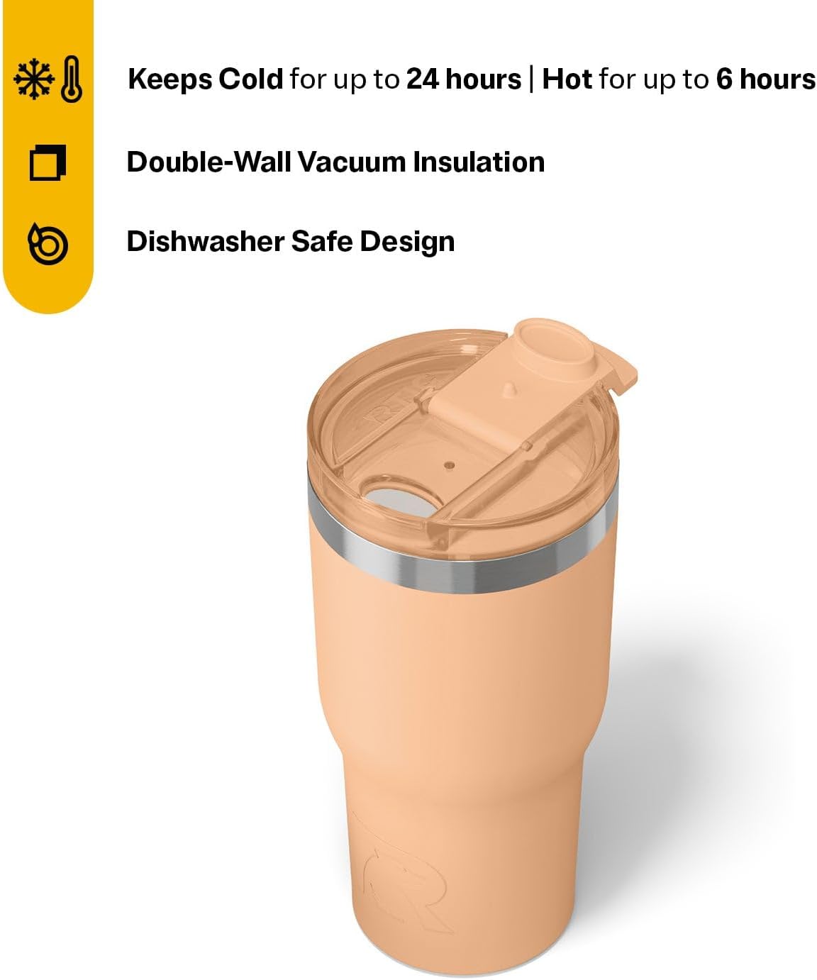 RTIC 20oz Essential Tumbler with Lid, Ceramic Lined, Insulated, Stainless Steel, Metal, Double Wall Vacuum-Insulation, Travel Cup for Iced Coffee, Tea, Hot and Cold Drink, Peach Tea