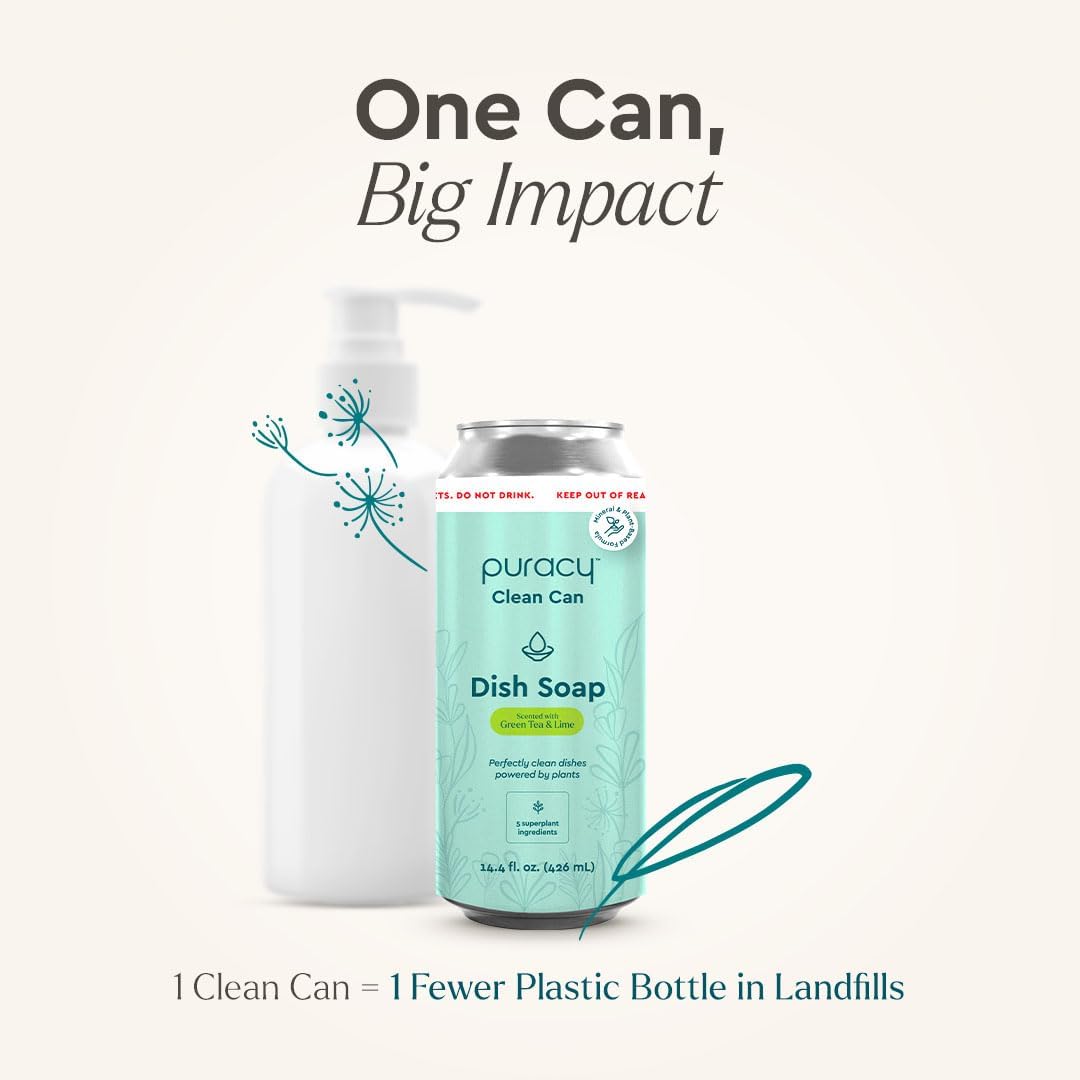 Puracy Natural Dish Soap Clean Can Refill - Plant-Based Dishwashing Soap, Non-Toxic Dish Soap, Natural Liquid Dishwashing Detergent Soap As Seen on TikTok (Green Tea & Lime, 14.4 fl oz, 3 Pack)