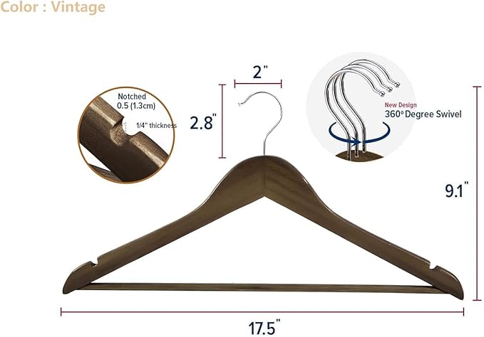 Wooden Hangers Wood Suit Hangers with Non Slip Pant Bar, Clothes Hangers for Coat,Shirts, Jackets, Dress, Pant (Vintage 30)