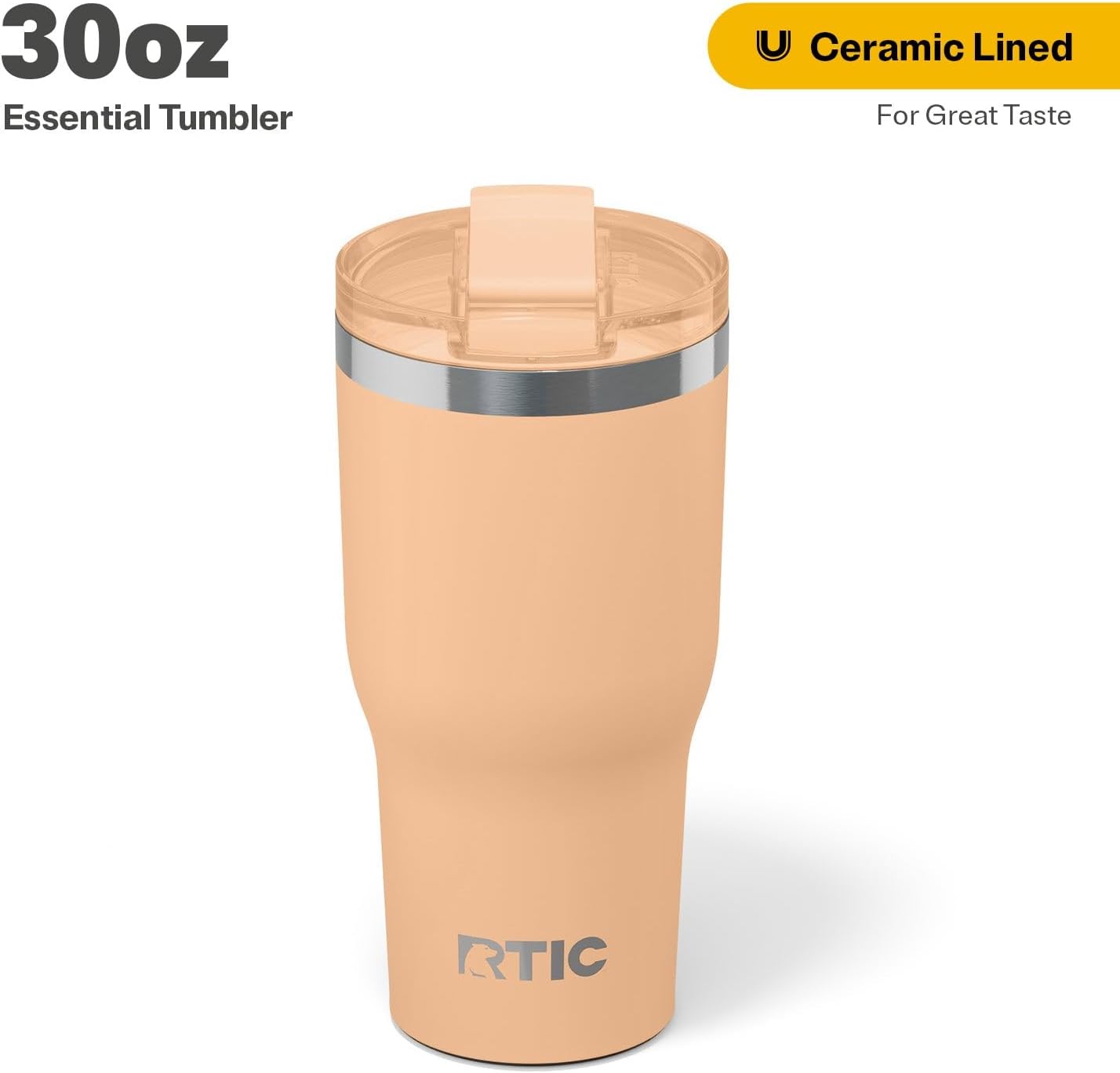 RTIC 30oz Essential Tumbler with Lid, Ceramic Lined, Insulated, Stainless Steel, Metal, Double Wall Vacuum-Insulation, Travel Cup for Iced Coffee, Tea, Hot and Cold Drink, Peach Tea