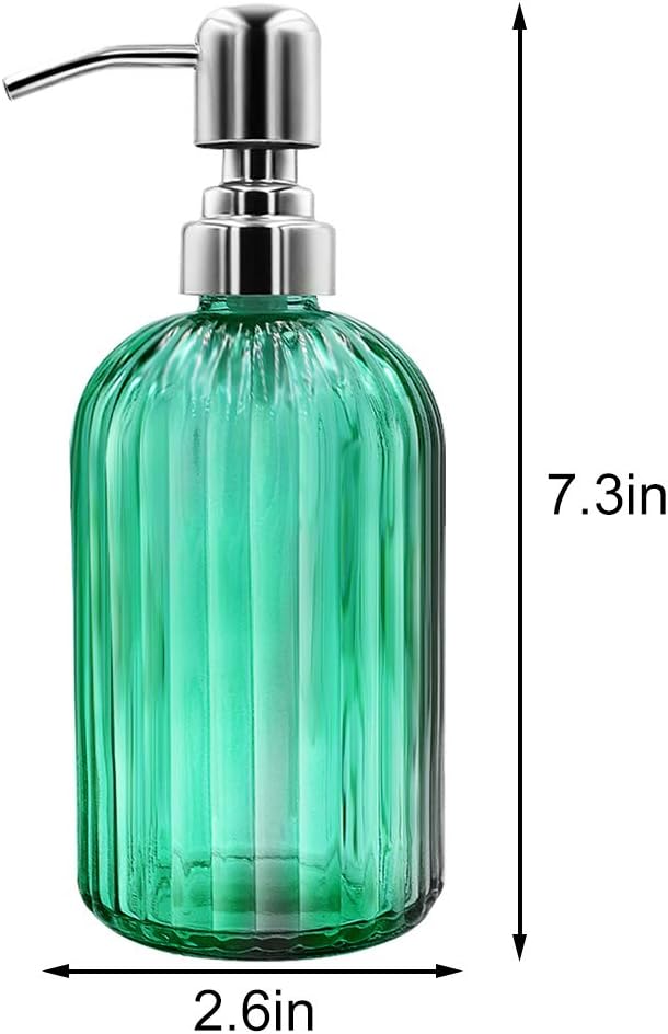 Soap Dispenser - 2 Pack 14 Oz Glass Soap Dispenser with Rust Proof Stainless Steel Pump, Refillable Liquid Bottle Dispenser, Premium Hand Jar Dispenser for Bathroom, Kitchen, Countertop (Green)
