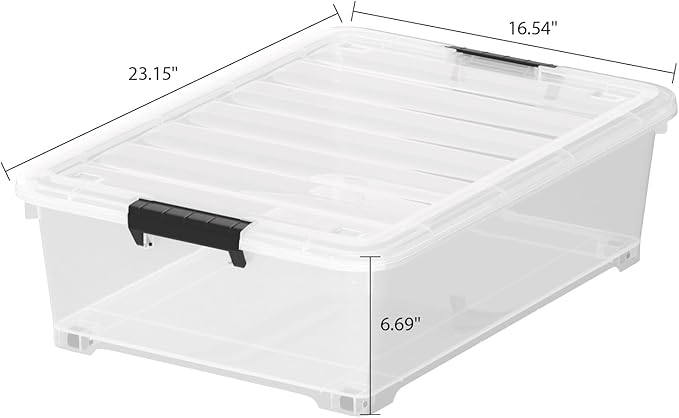 Sandmovie 4-Pack 25 Qt Plastic Under Bed Storage Organizer Bin with Latch Lids and Wheels, Underbed Plastic Container, Clear
