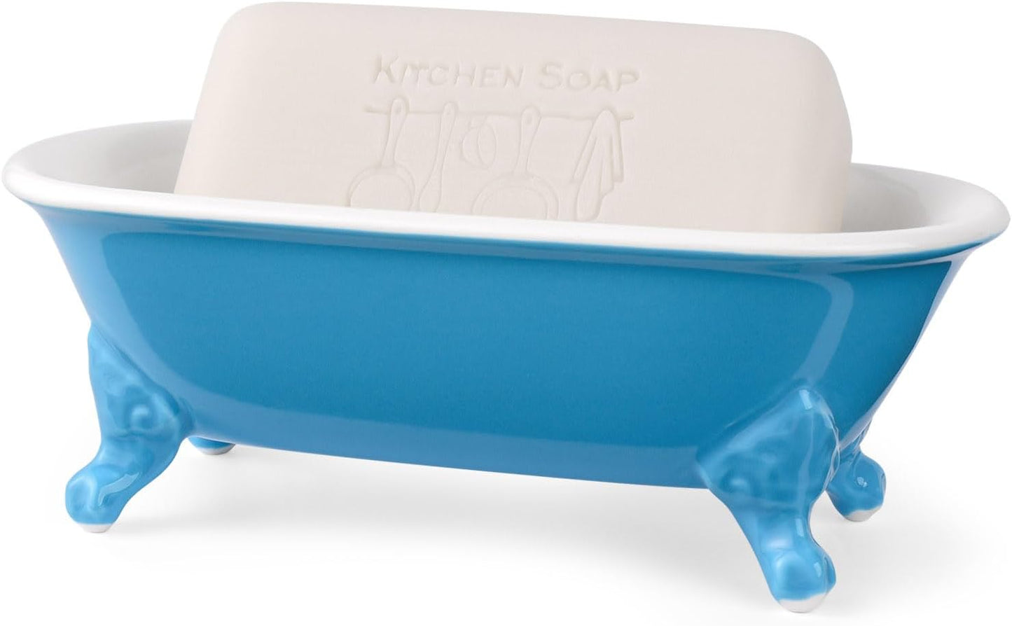 6.5" Ceramic Mini Decorative Clawfoot Bathtub Bar Soap Dish, Kitchen Sponge Holder and Shower Tray for Bathroom, 1 Pack(Pacific Blue)