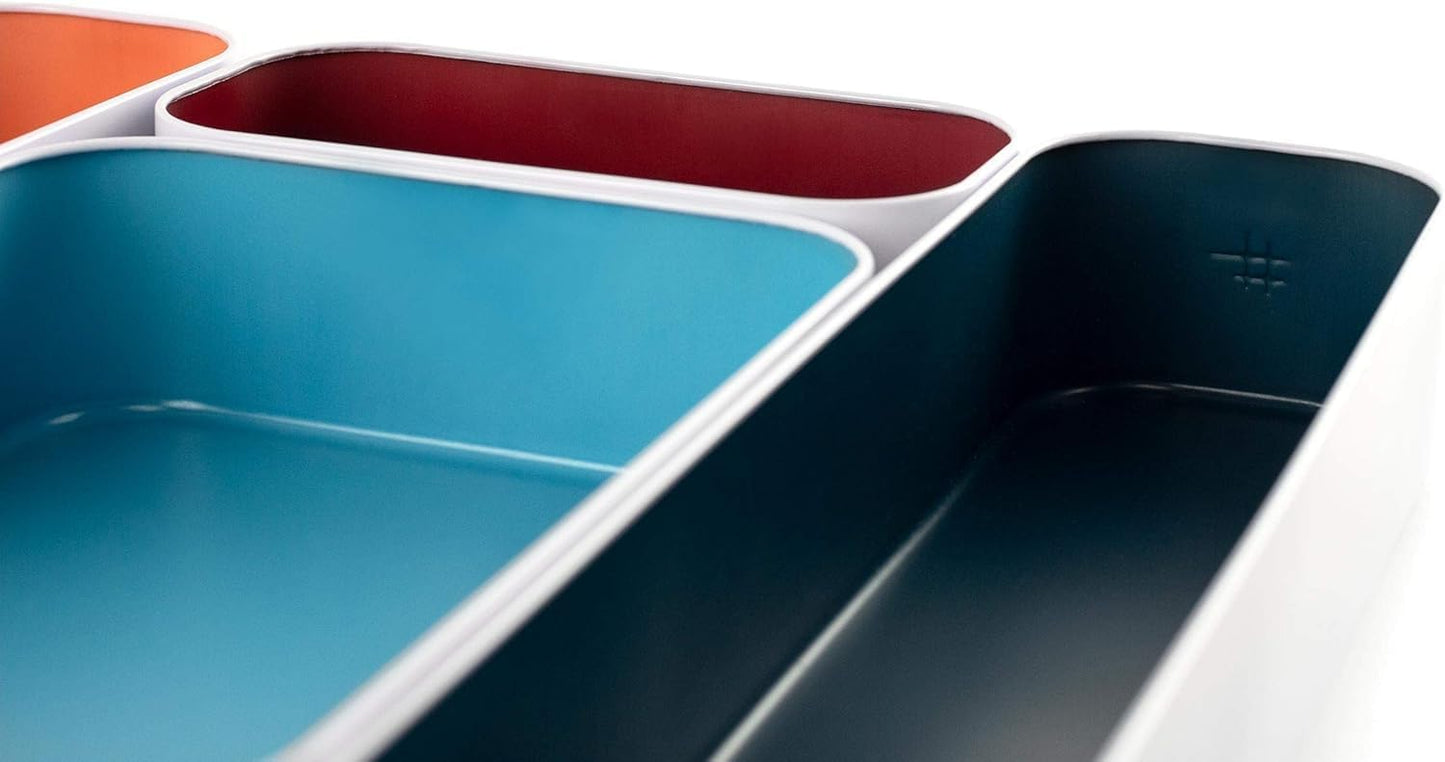 Three by Three Seattle 5 Piece Metal Organizer Tray Set for Storing Makeup, Stationery, Utensils, and More in Office Desk, Kitchen and Bathroom Drawers (2 Inch, Assorted Blue Berry and Sunset)