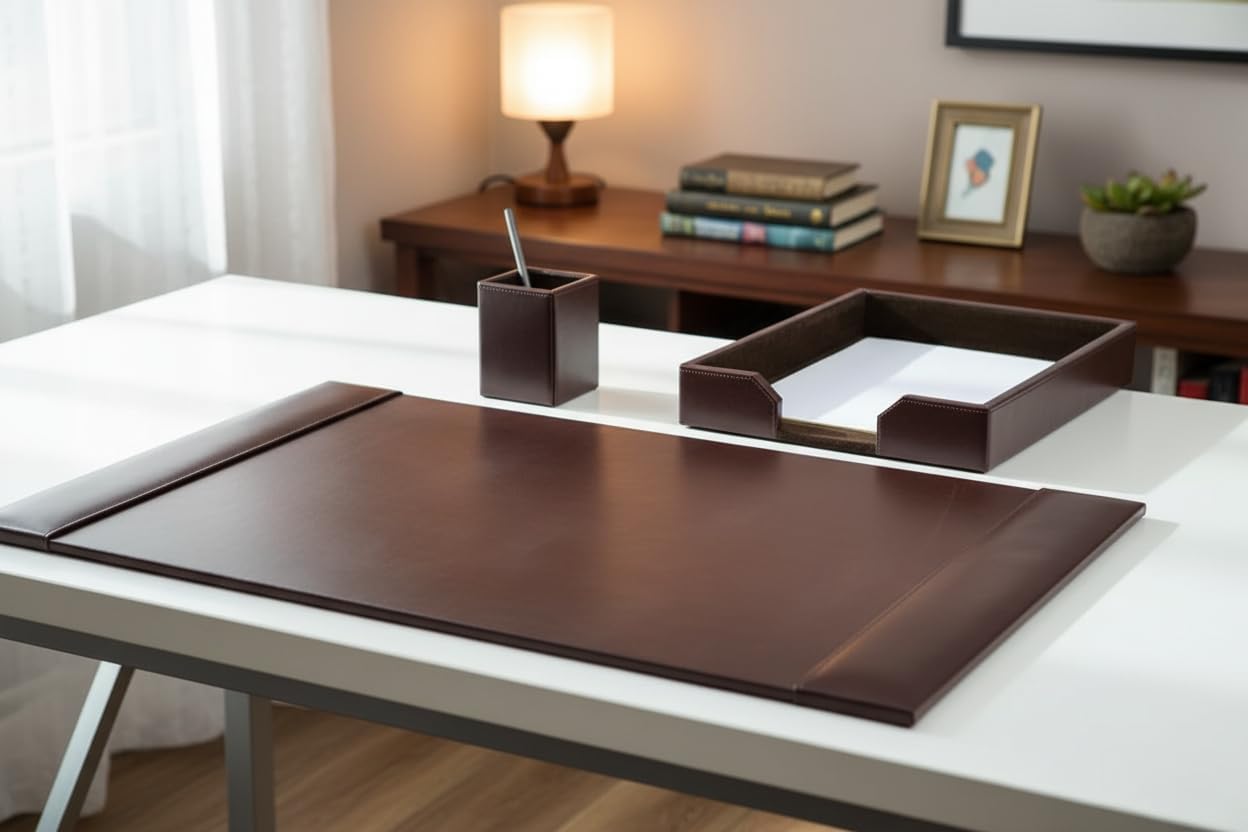 Dacasso Brown Bonded Leather Luxury 3 Piece Desk Set - Blotter Pad & Desk Organization Essentials - Executive Decor and Surface Protector