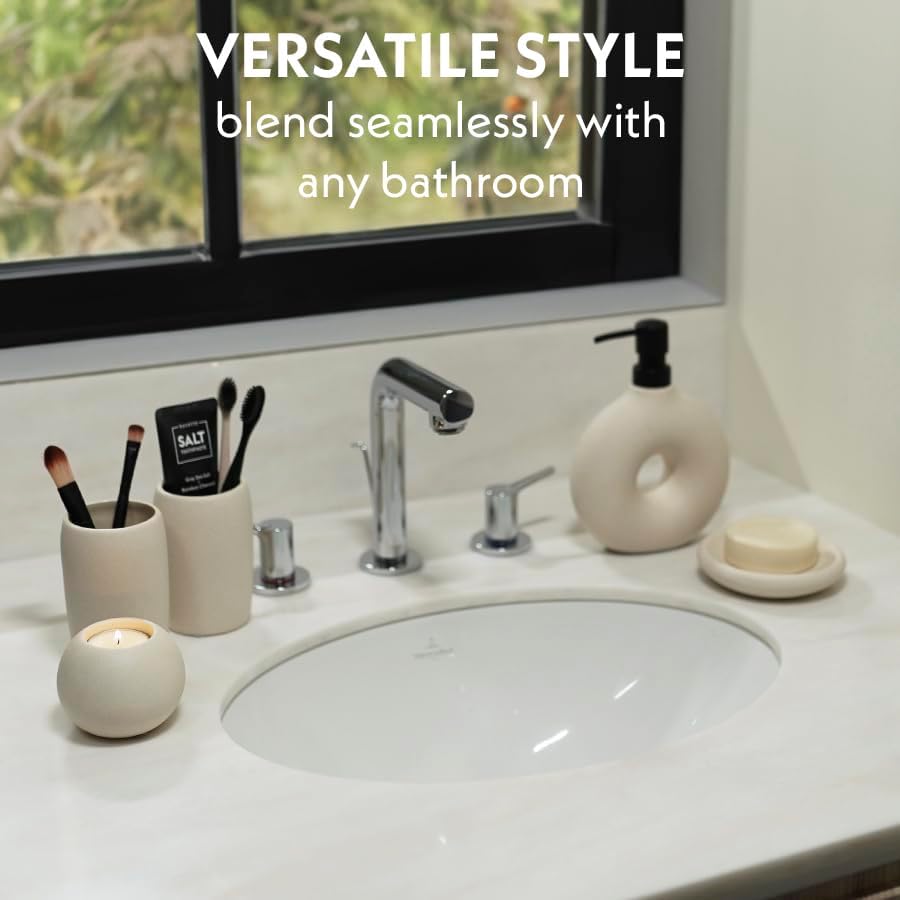 Ceramic Bathroom Accessory Set, 5 Pcs - Soap Dispenser 16 Oz, Toothbrush Cup, Toothbrush Holder, Soap Dish, Candle Holder - Beige, Boho Bathroom Sink Decor, Modern Countertop Accessories