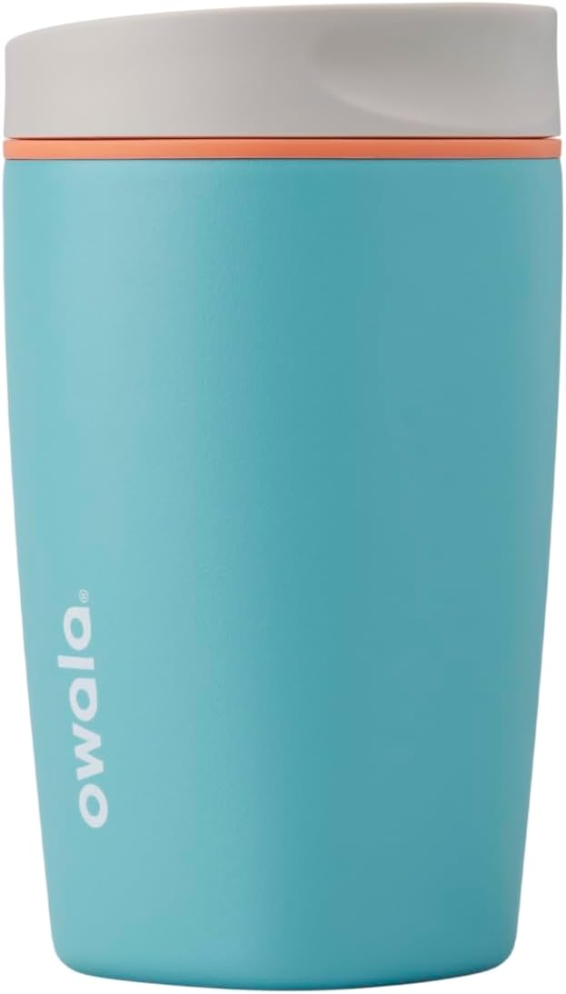 Owala SmoothSip Slider Insulated Stainless Steel Coffee Tumbler, Reusable Iced Coffee Cup, Hot Coffee Travel Mug, BPA Free 12 oz, Grey/Blue (Beachy Breeze)