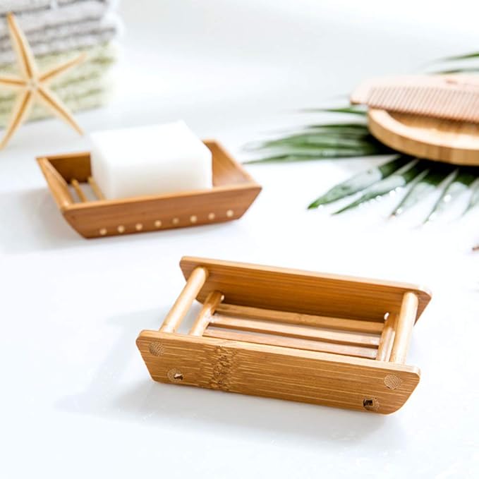 Kaxich 2 Pack Bamboo Wooden Soap Dish Shower Soap Storage Holder Saver Soap Tray Plate for Bathroom Shower Vanities Kitchen Sink
