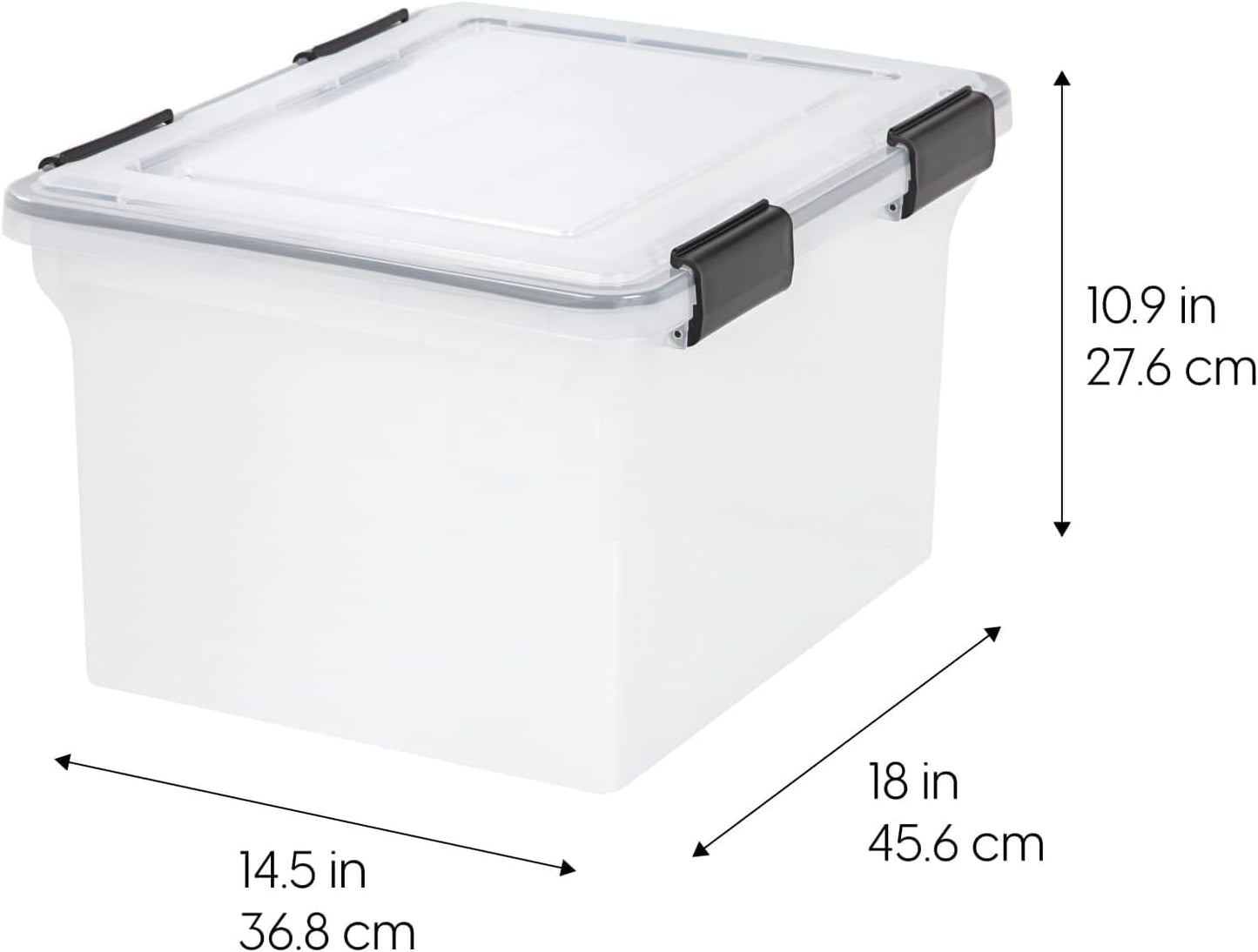 IRIS USA File Box WeatherPro File Organizer Plastic File Box for Letter/Legal File, Water Resistant Document Box, Durable Lid, Seal w/Secure Latching Buckles, Stackable, Nestable, Clear 32 Qt. 4Pack