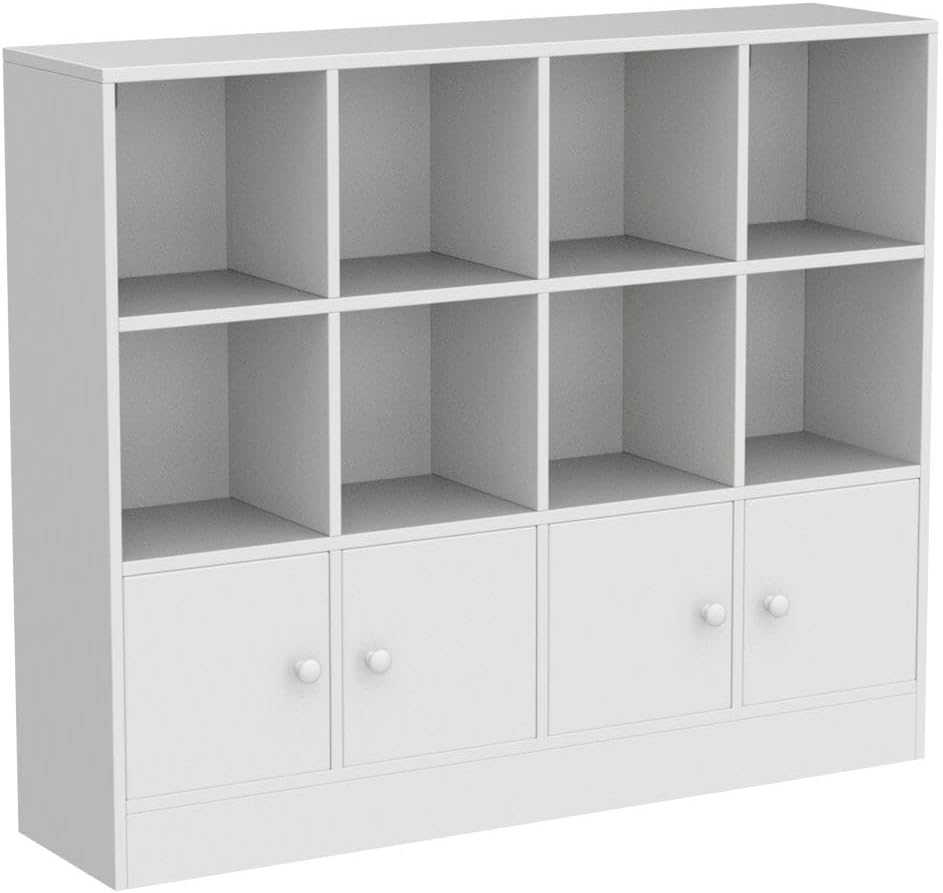 Cozy Castle White Wood Bookcase,12 Cube Storage Organizer Bookshelf with 4 Doors,3 Tier Storage Cabinet with Adjustable Shelves for Bedroom, Living Room, Office