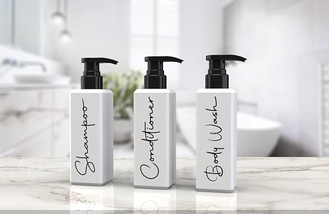 Luxury Spa-Inspired Shampoo and Conditioner Dispenser Set – 3 Refillable Pump Bottles for Shower Wall – Printed Shampoo, Conditioner & Body Wash