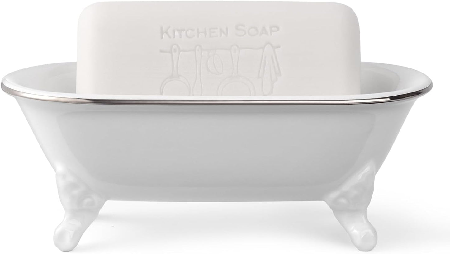 6.5" Ceramic Mini Decorative Clawfoot Bathtub Bar Soap Dish, Kitchen Sponge Holder and Shower Tray for Bathroom, 1 Pack (White Silver Rim)