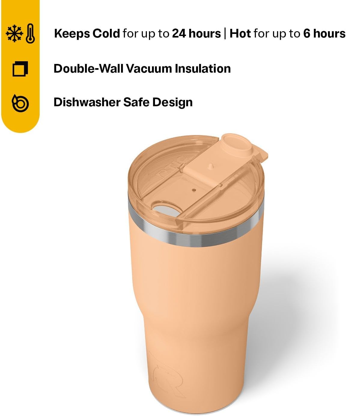 RTIC 30oz Essential Tumbler with Lid, Ceramic Lined, Insulated, Stainless Steel, Metal, Double Wall Vacuum-Insulation, Travel Cup for Iced Coffee, Tea, Hot and Cold Drink, Peach Tea