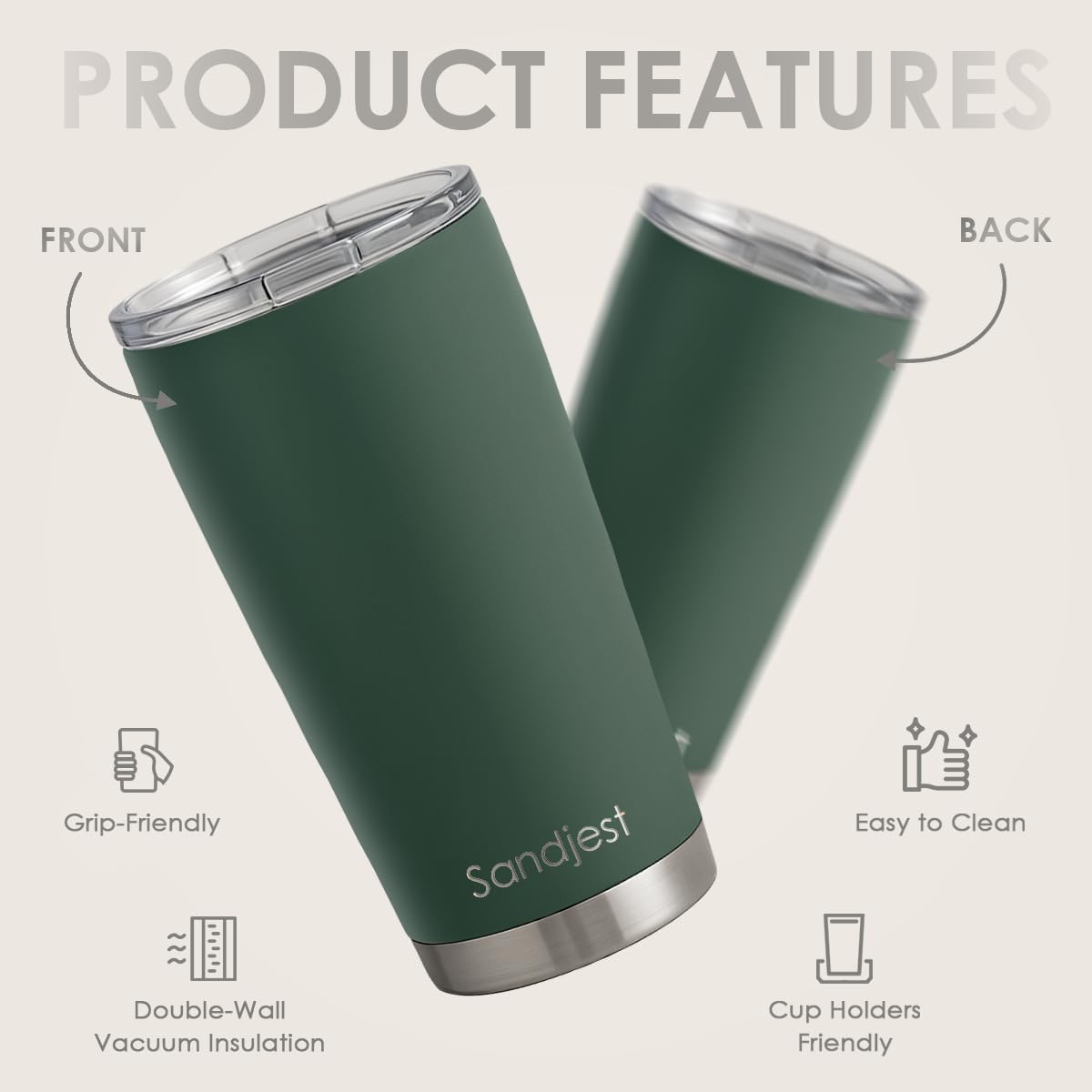 SANDJEST Dark Green Tumbler 20oz Stainless Steel Double Wall Vacuum Insulated, Green Travel Coffee Cup, Gifts for Men Women Birthday Christmas