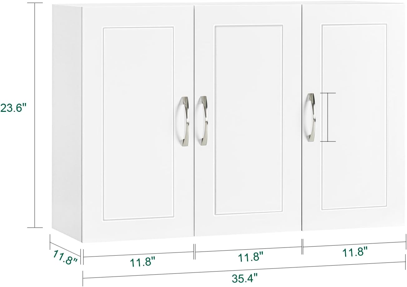 3-Doors Bathroom and Laundry Room Wall Cabinet with Adjustable Shelves, Wall Mounted MDF Storage Organizer Over Toilet or Washer, White, HUS-FRG231-L