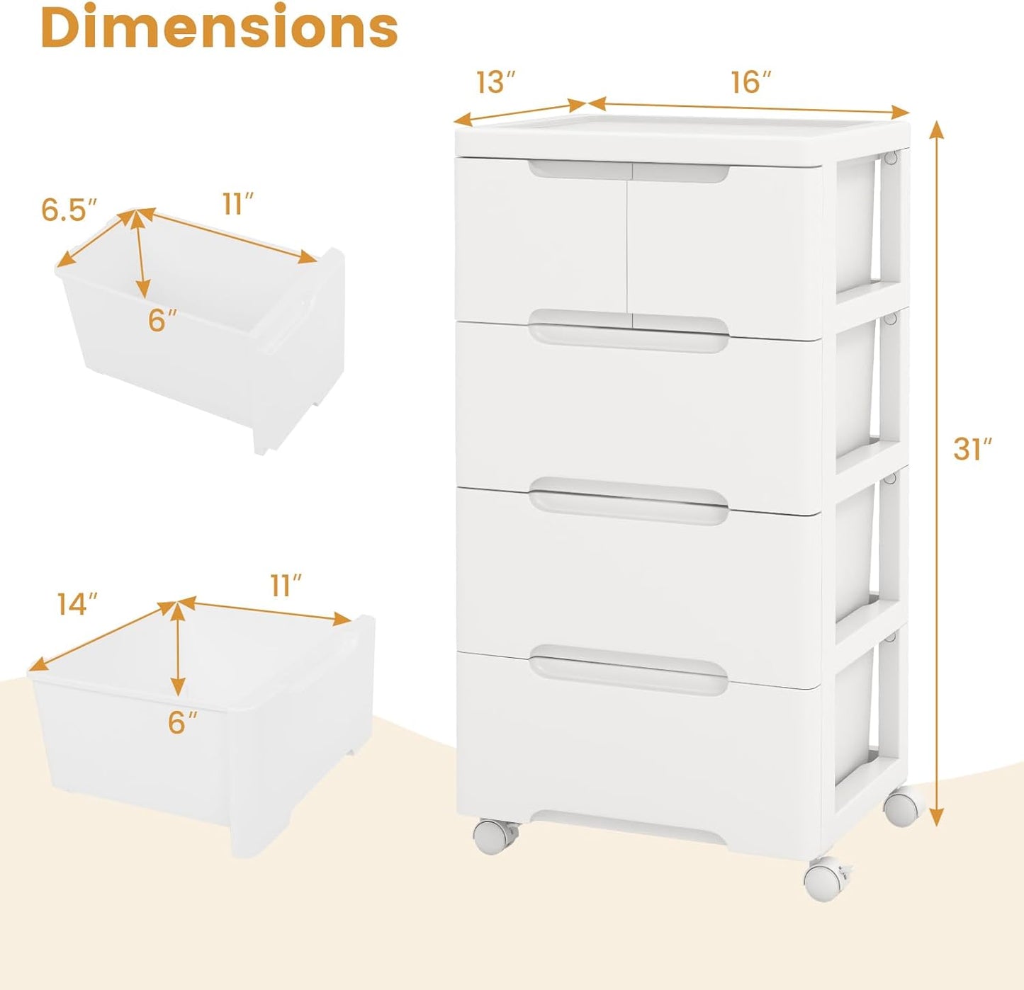 LOKO 5-Drawer Plastic Rolling Storage Cart, Mobile Storage Cabinet with 4 Universal Wheels, Vertical Storage Tower Container Unit for Living Room, Bedroom, Home Office, White (16”x13”x31” (5 Drawers))