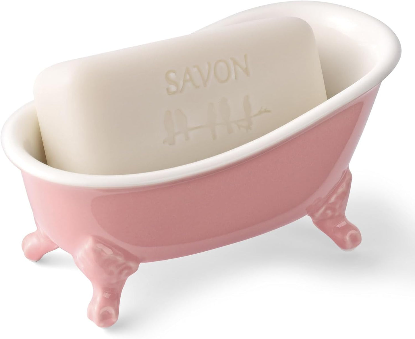 6.1" Vintage Ceramic Mini Decorative Clawfoot Bathtub Bar Soap Dish, Kitchen Sponge Holder and Shower Tray for Bathroom, 1 Pack (Rose)
