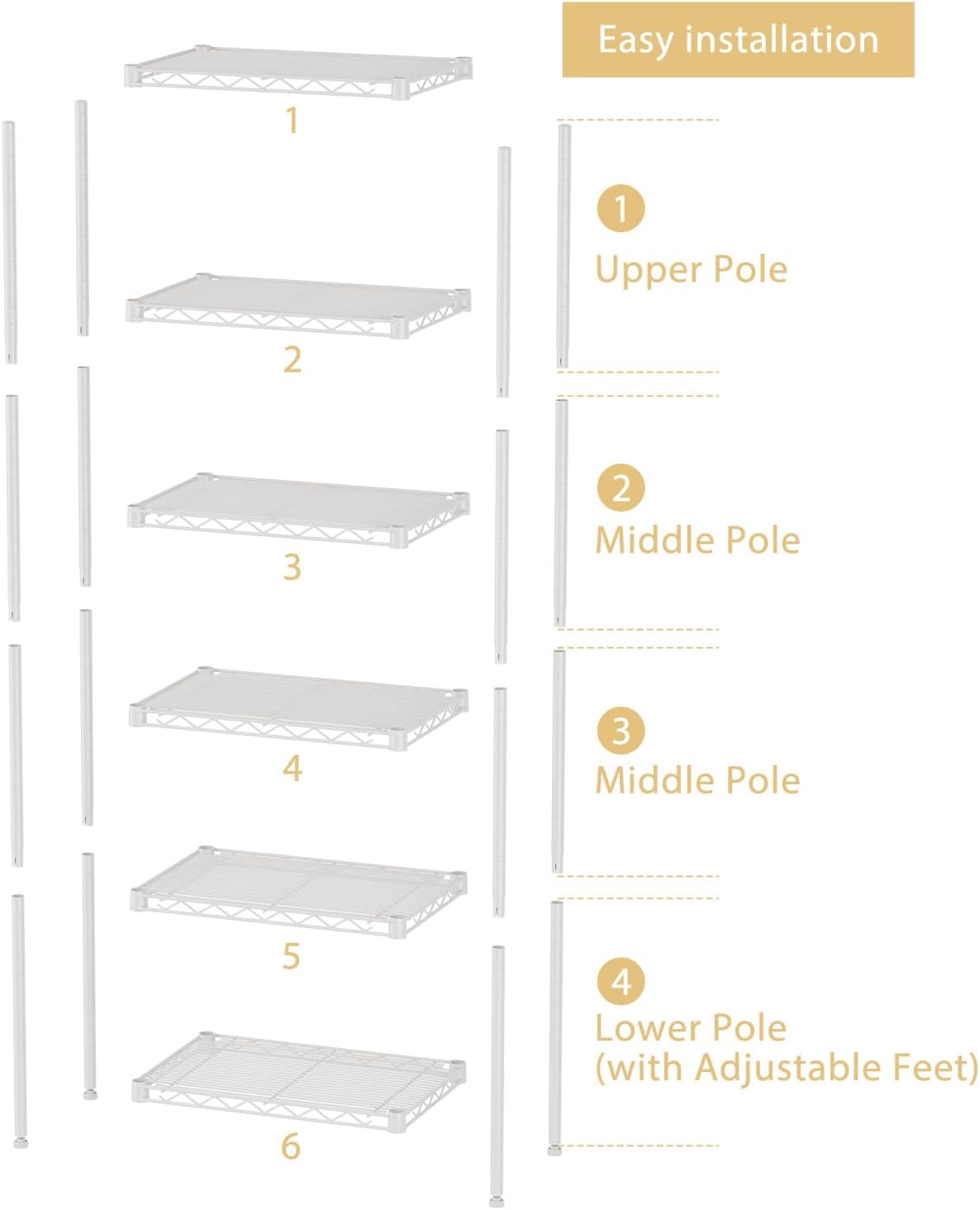 Small 6 tire Shelves Storage Wire Shelving Unit Metal Shelf Adjustable Organizers Storage Shelving for Bathroom Laundry Room Kitchen Pantry10”D x 16”W x 60”H White